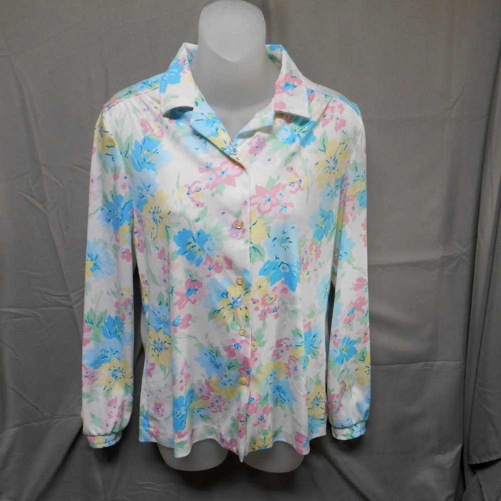 Knit Makers button floral long sleeve blouse 14